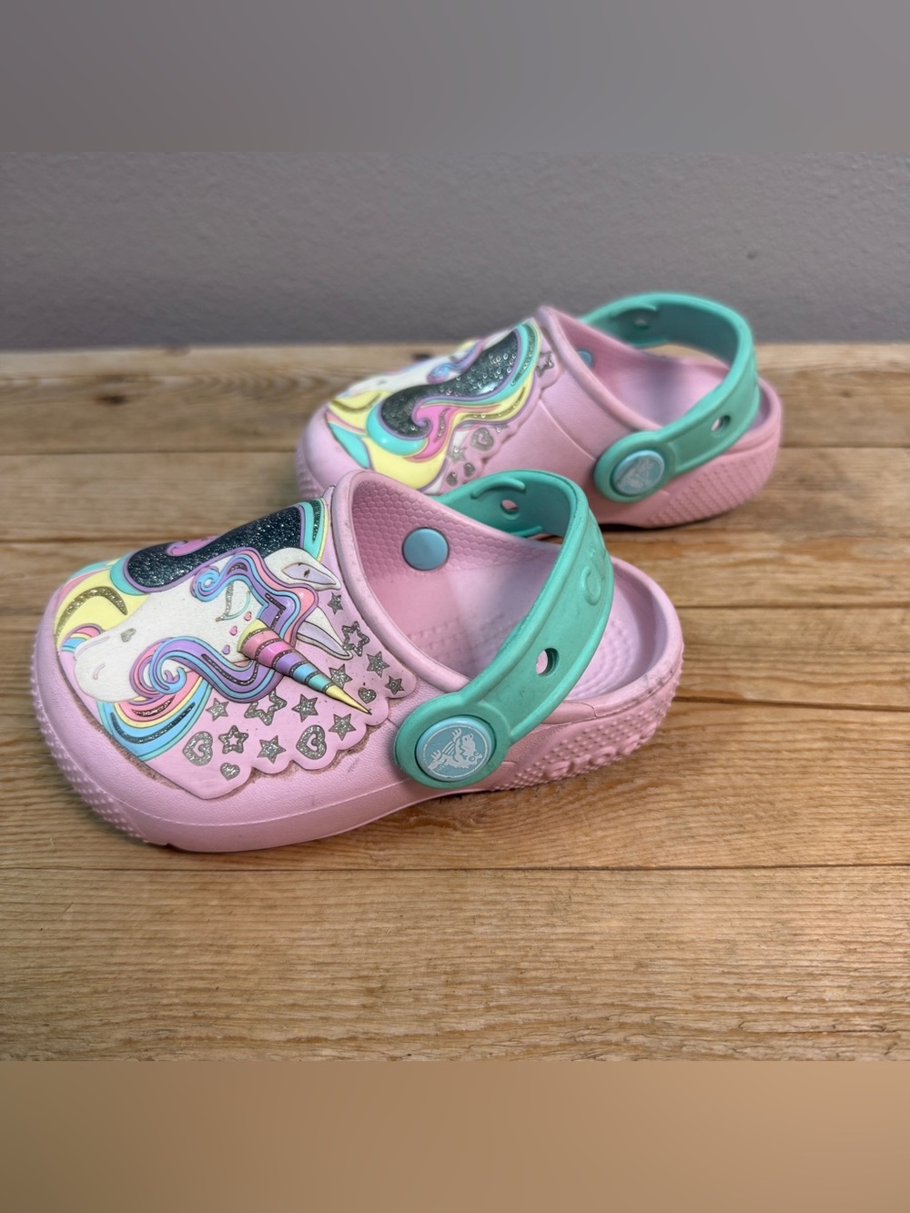 CROCS Kids Unicorn Clogs - Pink with Mint Strap